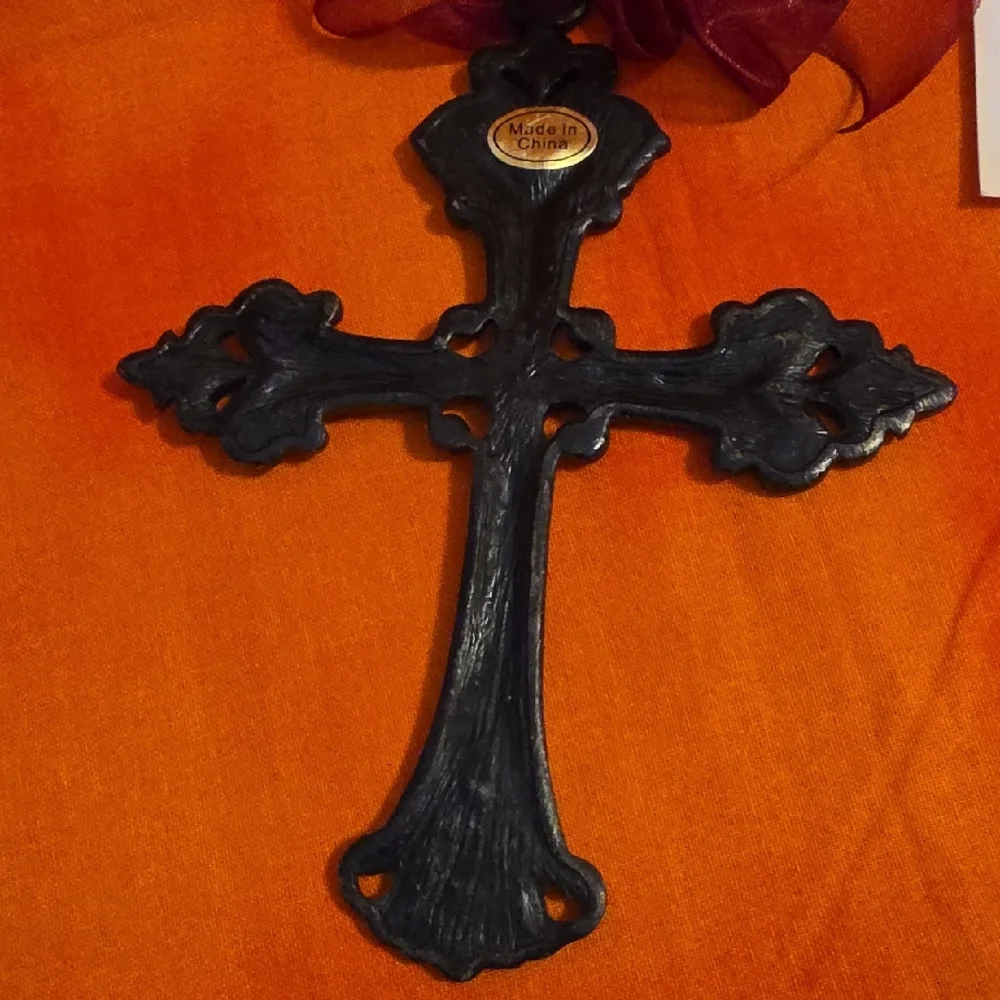 Kirklands Decorative Cross Ornament Red Silver Crystals Pearl